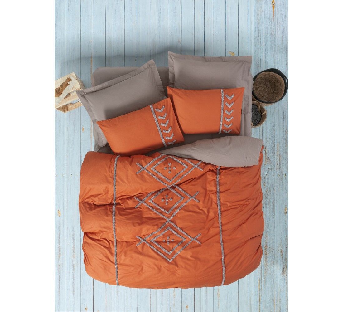 Cotton Box Puff Nakışlı Çift Kişilik Nevresim Takımı Liya Kiremit-Bej